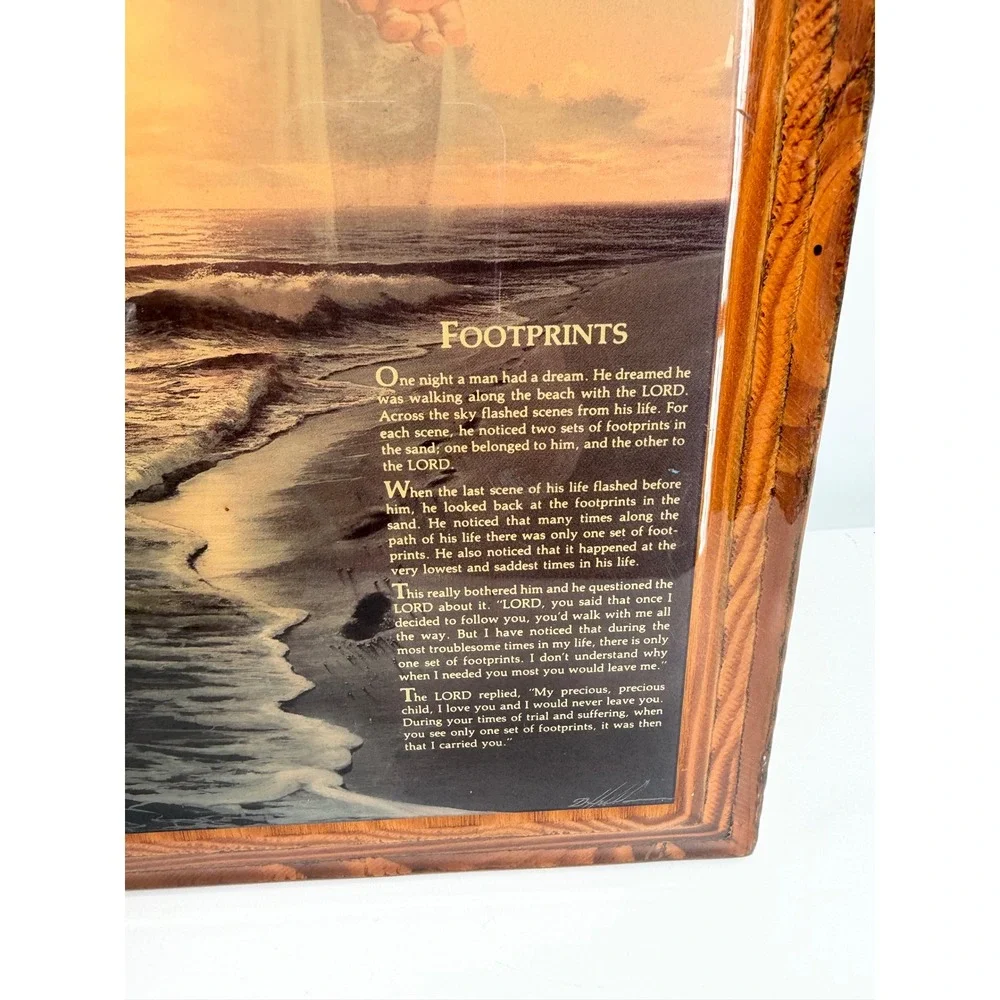Footprints in the Sand Plaque Brown Wood Resin Religious Laminated Christian